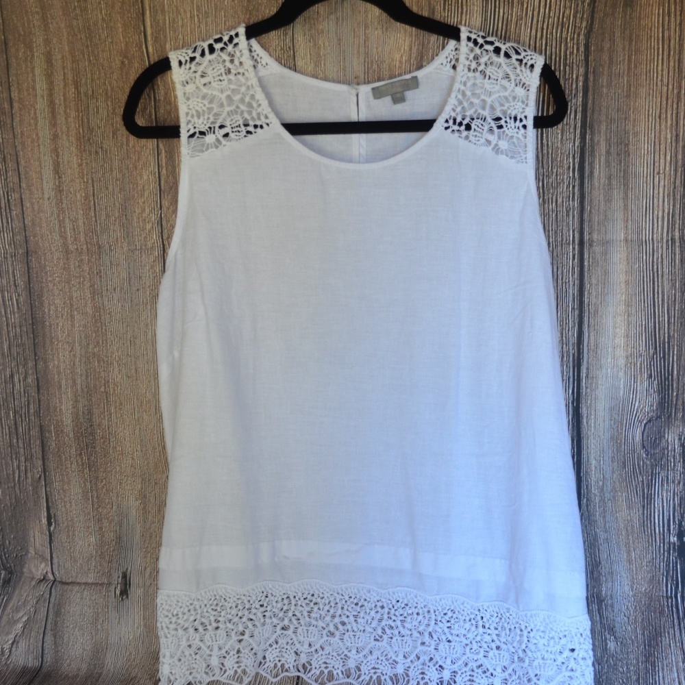White Linen Sleeveless Blouse with Lace